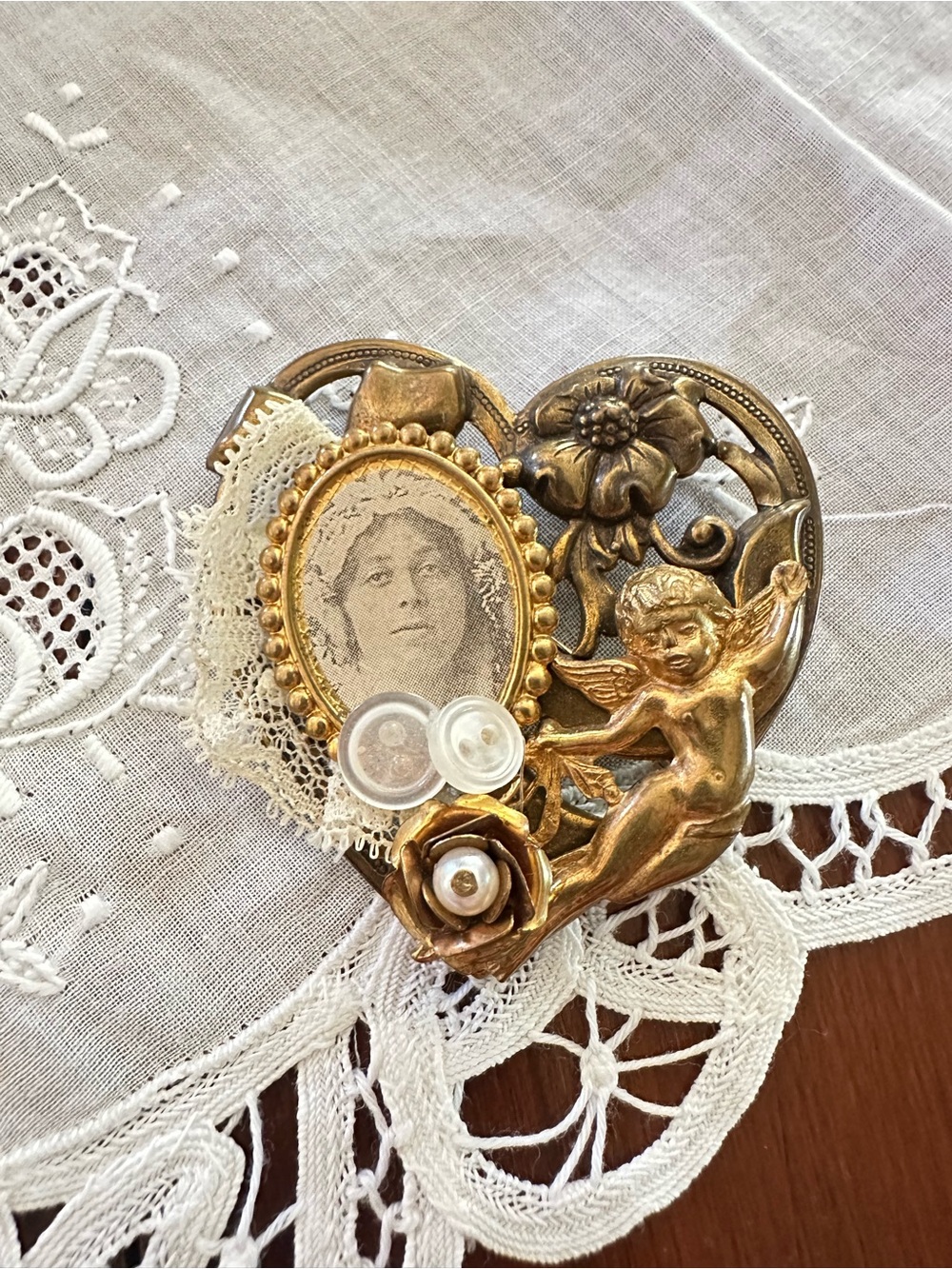 Vintage Assemblage Cherub Photo Frame Brooch Wearable Art